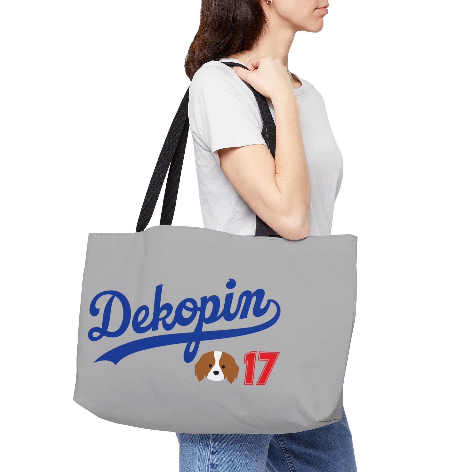 Gray Weekender Tote | DEKOPIN + CUSTOM 17 | Front & Back Print | Dog Carrier IKEA Bag Alternative